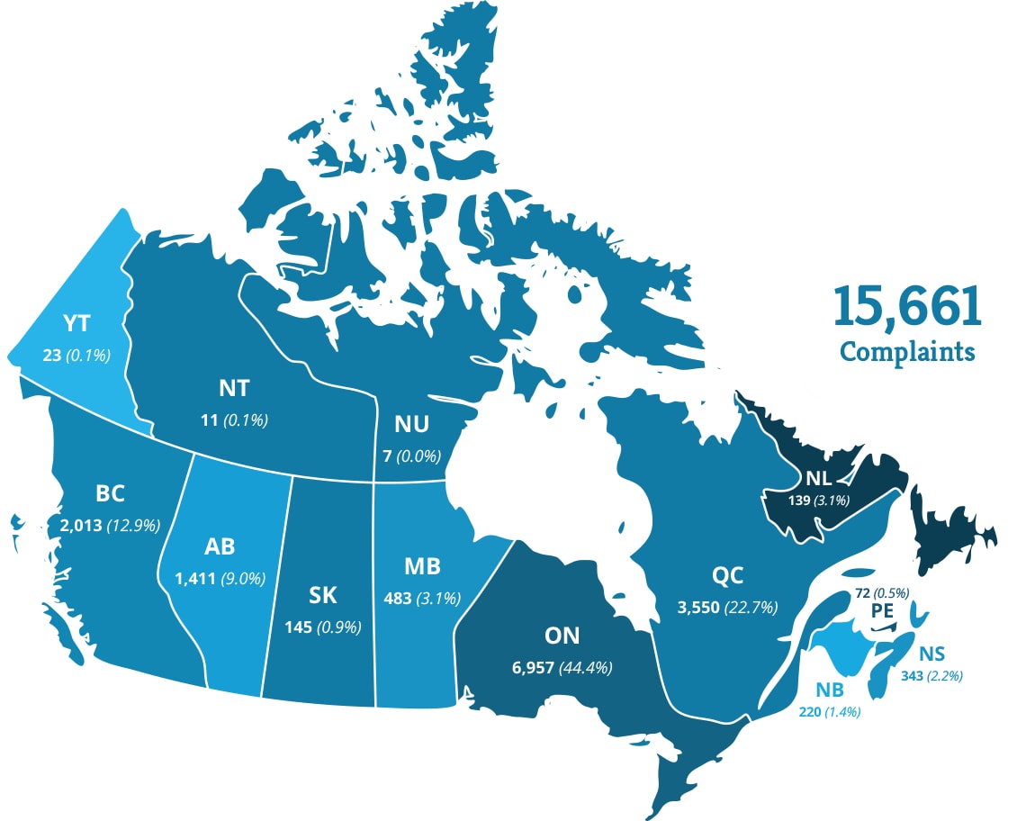 Map of Canada showing complaints by province